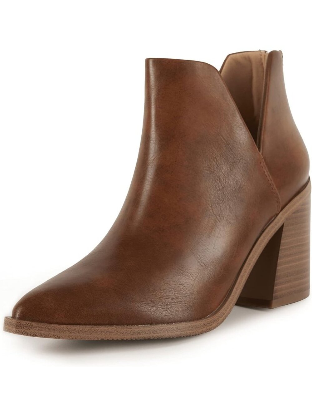 Women's Brown Pointed Toe Chunky Stacked Mid Heel Solid Slip on Ankle Boot Shoes